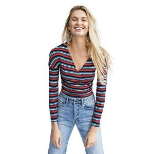 Free People Always With Me Striped Faux Wrap Long Sleeve Tee, size M